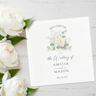 Eucalyptus Rose Floral White Paper Wedding  Napkin