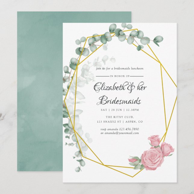 Eucalyptus Rose Geometric Bridesmaids Luncheon Invitation (Front/Back)