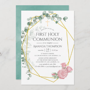 Eucalyptus Rose Geometric First Holy Communion Invitation