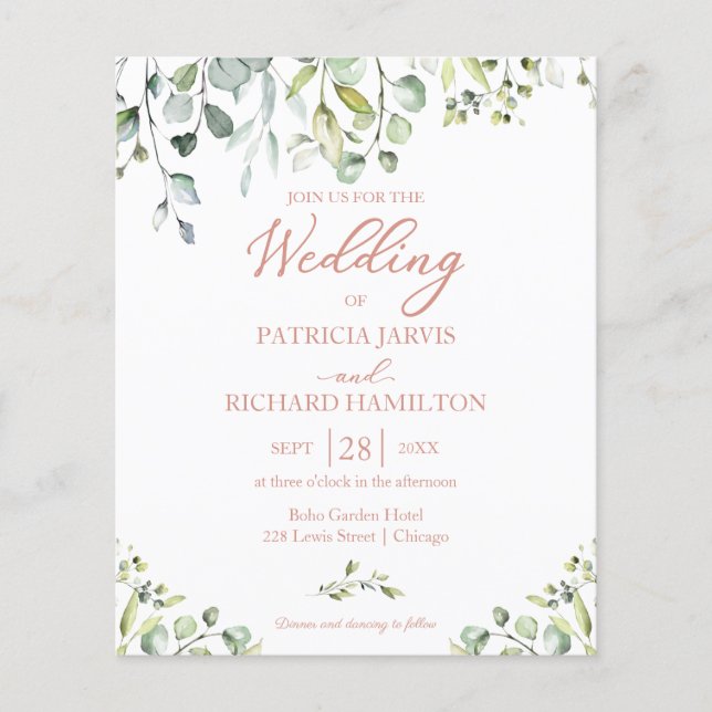 Eucalyptus Rose Gold Budget Wedding Invitation (Front)