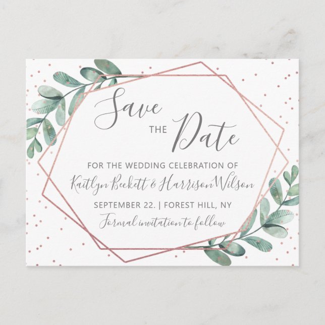 Eucalyptus Rose Gold Geometric Save The Date Announcement Postcard (Front)