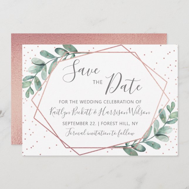 Eucalyptus Rose Gold Geometric Wedding Save The Date (Front/Back)