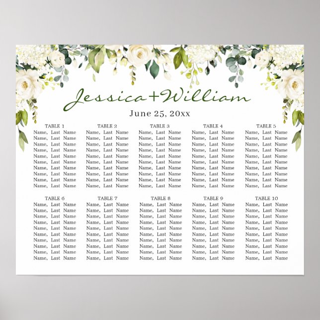 Eucalyptus & Roses 10 Tables Wedding SEATING CHART (Front)