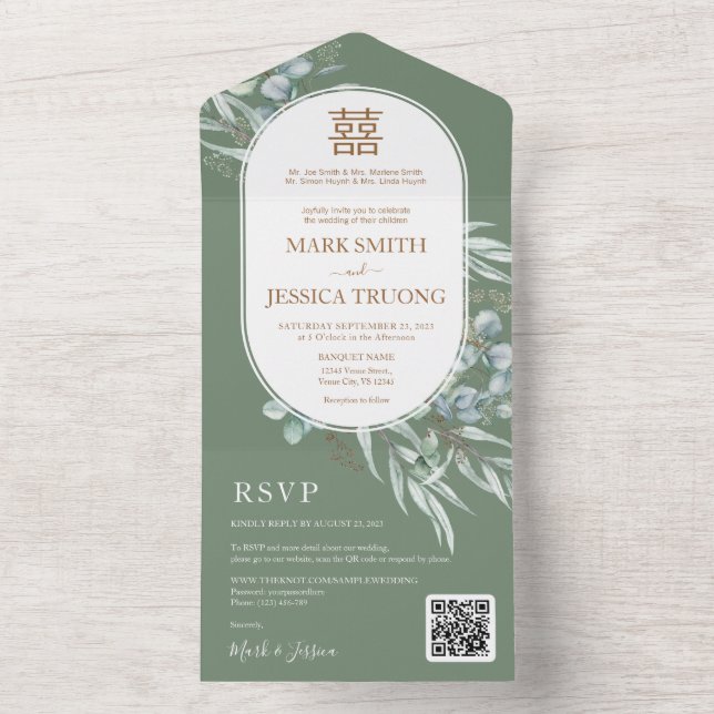 Eucalyptus Round Frame Chinese Wedding All In One Invitation (Inside)