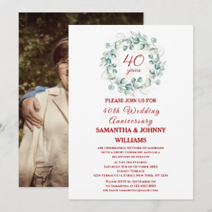 Eucalyptus Ruby 40th Wedding Anniversary Photo Invitation