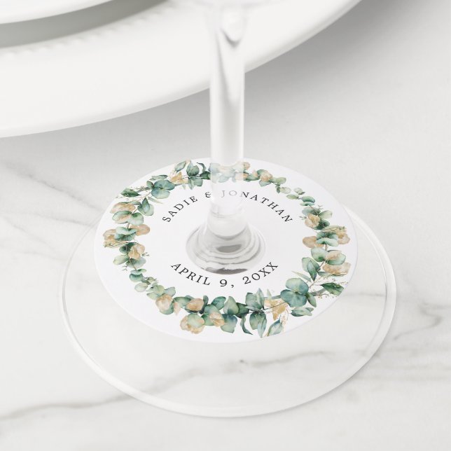 Eucalyptus Rustic Gold Elegant Wedding Wine Glass Tag (Close Up)