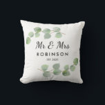 Eucalyptus Rustic Modern Mr and Mrs Wedding Gift Throw Pillow<br><div class="desc">Elegant delicate eucalyptus foliage wedding or anniversary Mr and Mrs personalized pillow design. Personalize with name and date. Easy to customize. Get yours today!</div>