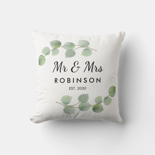 Eucalyptus Rustic Modern Mr and Mrs Wedding Gift Throw Pillow (Front)