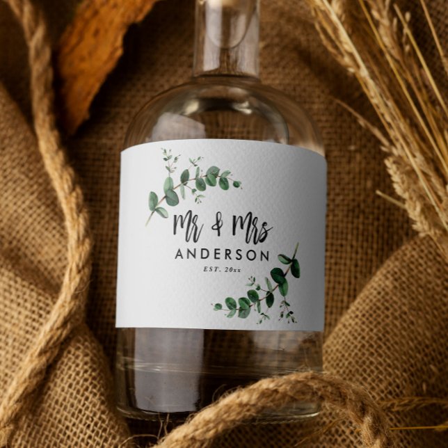 Eucalyptus rustic simple modern mr and mrs favour liquor bottle label (Creator Uploaded)