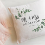 Eucalyptus rustic simple modern mr and mrs gift throw pillow<br><div class="desc">Budget beautiful delicate eucalyptus foliage wedding or anniversary Mr and Mrs personalized pillow design. Modern elegant on trend sage green,  black,  navy blue and white stylish contemporary rustic collection.</div>