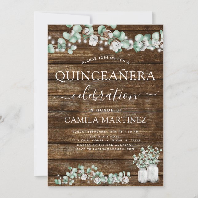 Eucalyptus Rustic Wood Quinceanera Celebration Invitation (Front)