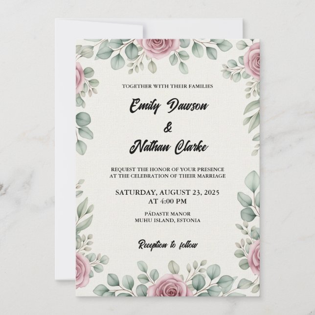 Eucalyptus rustique et Faire-part de mariage rose (Devant)
