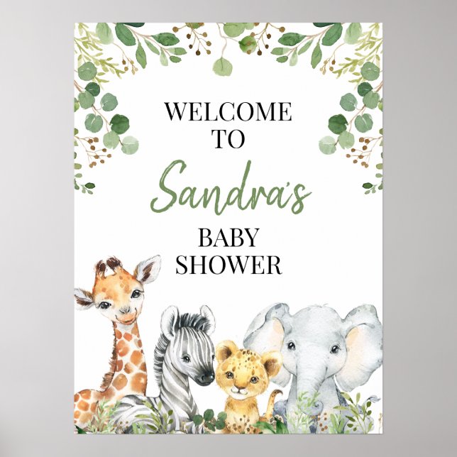 Eucalyptus Safari Animaux Baby shower Affiche de b (Devant)