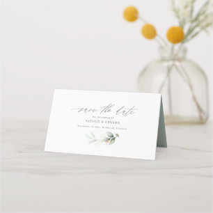 Eucalyptus sage green gold wedding save the date place card