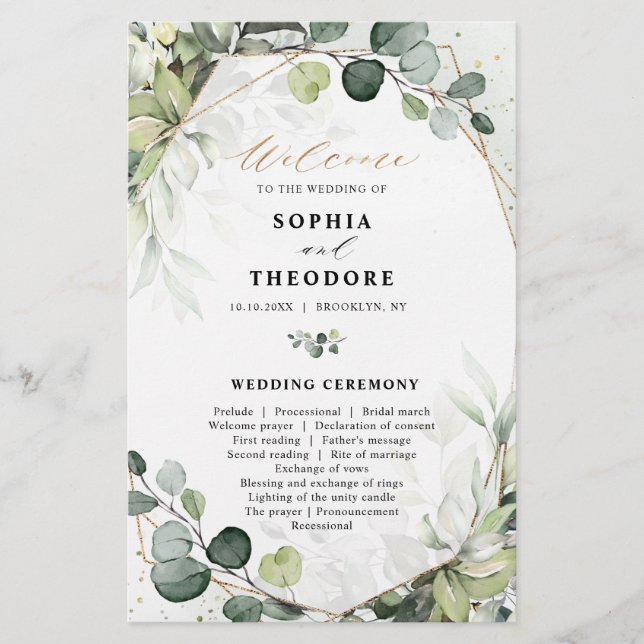 Eucalyptus Sage Green Programme de mariage moderne (Devant)