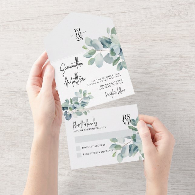 Eucalyptus Sage Green Spring Summer Wedding All In One Invitation (Tearaway)