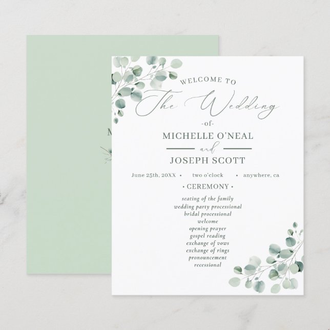 Eucalyptus Sage Green Watercolor Wedding Program (Front/Back)