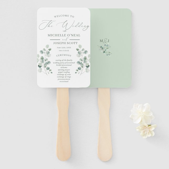 Eucalyptus Sage Green Watercolor Wedding Program Hand Fan (Front and Back)