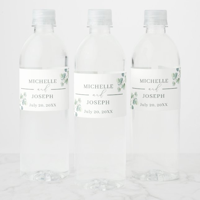 Eucalyptus Sage Green Watercolor Wedding Water Bottle Label (Bottles)