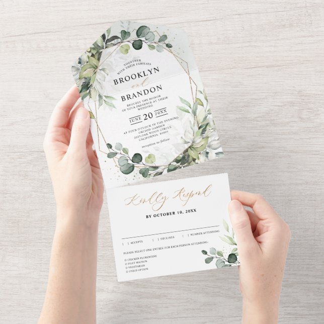 Eucalyptus Sage Greenery Modern Geometric Wedding  All In One Invitation (Tearaway)