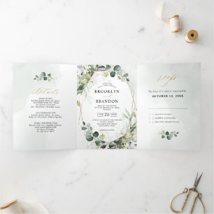 Eucalyptus Sage Greenery Modern Geometric Wedding Tri-Fold Announcement