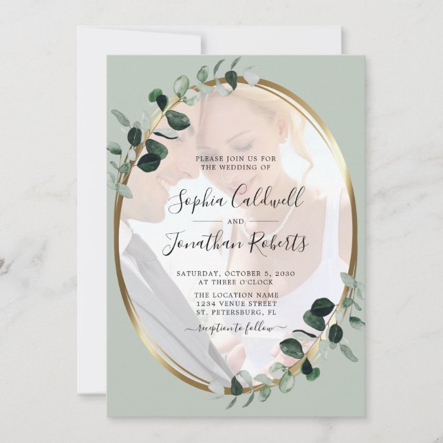 Eucalyptus Sage Photo Gold Metallic Wedding Invitation (Front)