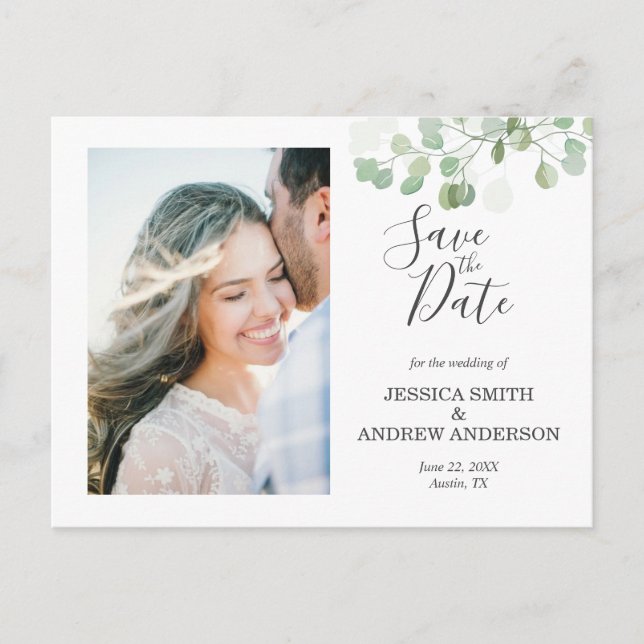 Eucalyptus Save the Date Postcard Elegant Greenery (Front)