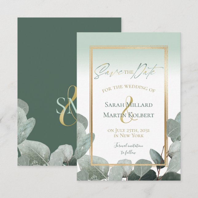 Eucalyptus Save The Date sage green wedding (Front/Back)