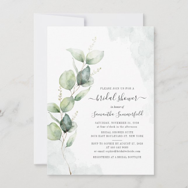 Eucalyptus Script Greenery Bridal Shower Invitation (Front)