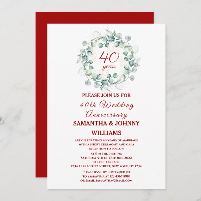 Eucalyptus Script Ruby 40th Wedding Anniversary Invitation (Front/Back)