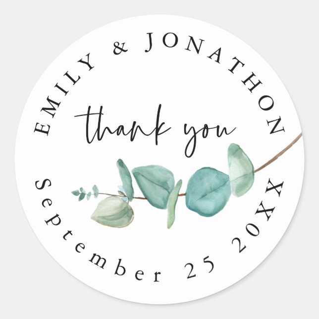 Eucalyptus Script Thank You Names Date Wedding Classic Round Sticker (Front)