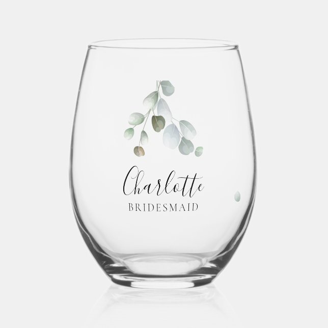 Eucalyptus Script Wedding Bridesmaid Stemless Wine Glass (Front)