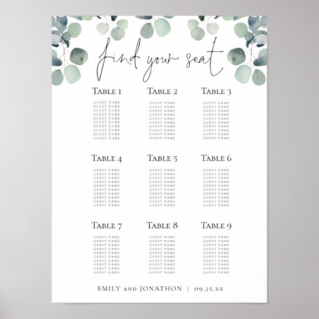 Eucalyptus Seating Plan Find Your Seat Wedding Poster (Front)
