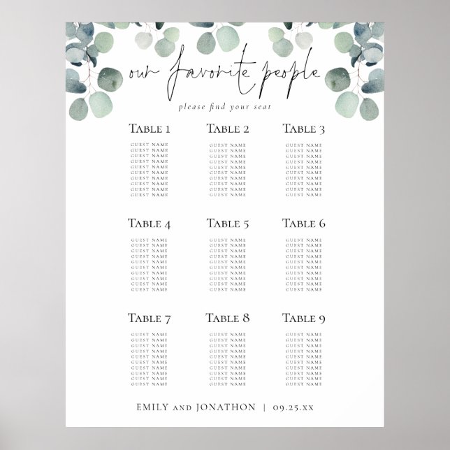 Eucalyptus Seating Plan Wedding Favourite People Poster (Front)