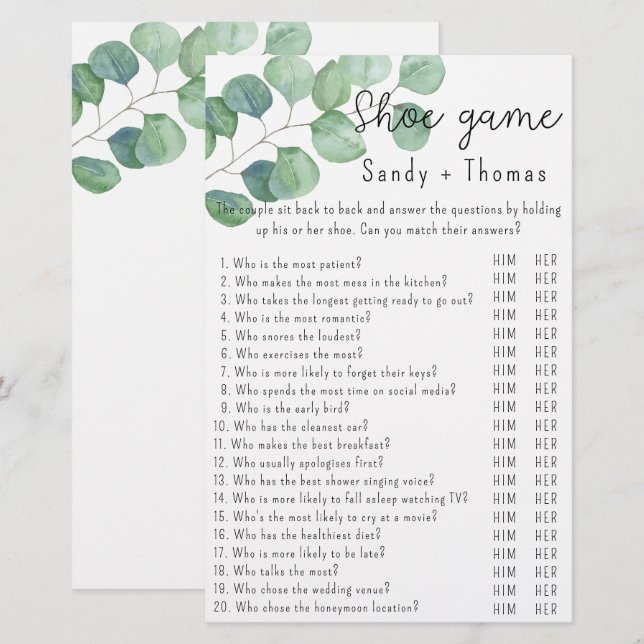 Eucalyptus - Shoe game bridal shower game (Front/Back)