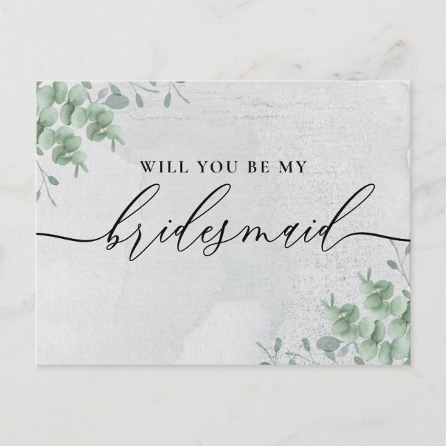 Eucalyptus Signature Calligraphy Bridesmaid Invitation Postcard (Front)