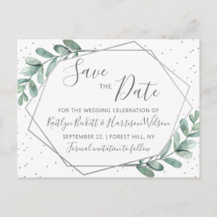 Eucalyptus Silver Geometric Save The Date Announcement Postcard