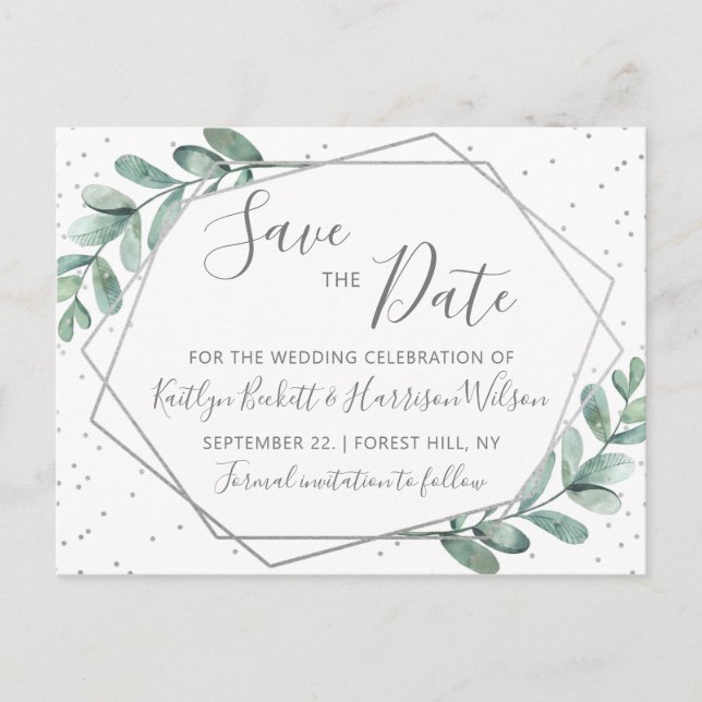 Eucalyptus Silver Geometric Save The Date Announcement Postcard (Front)