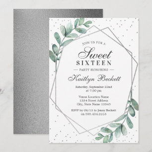 Eucalyptus Silver Geometric Sweet Sixteen Invitation
