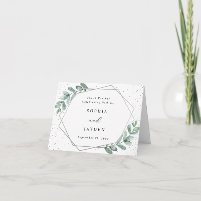 Eucalyptus Silver Geometric Wedding Thank You Card (Front)