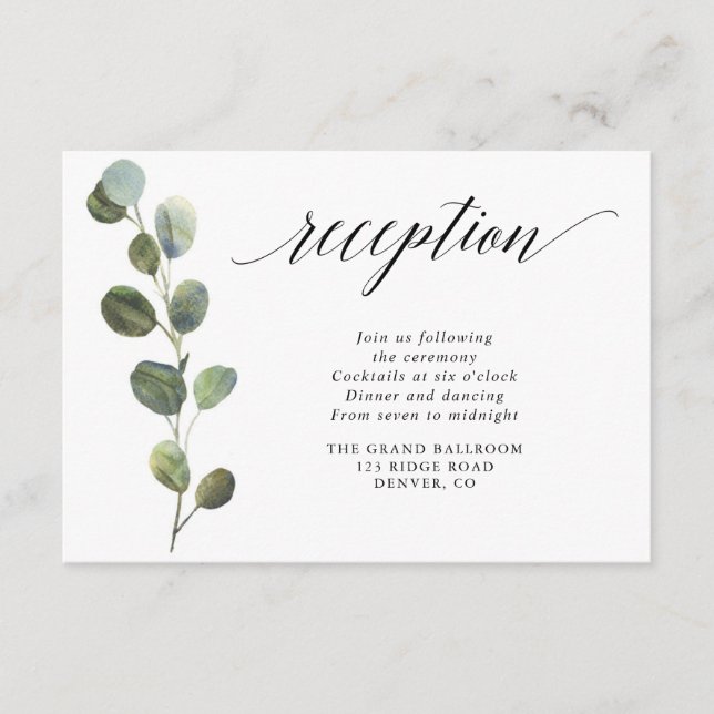 Eucalyptus simple black white watercolor reception enclosure card (Front)