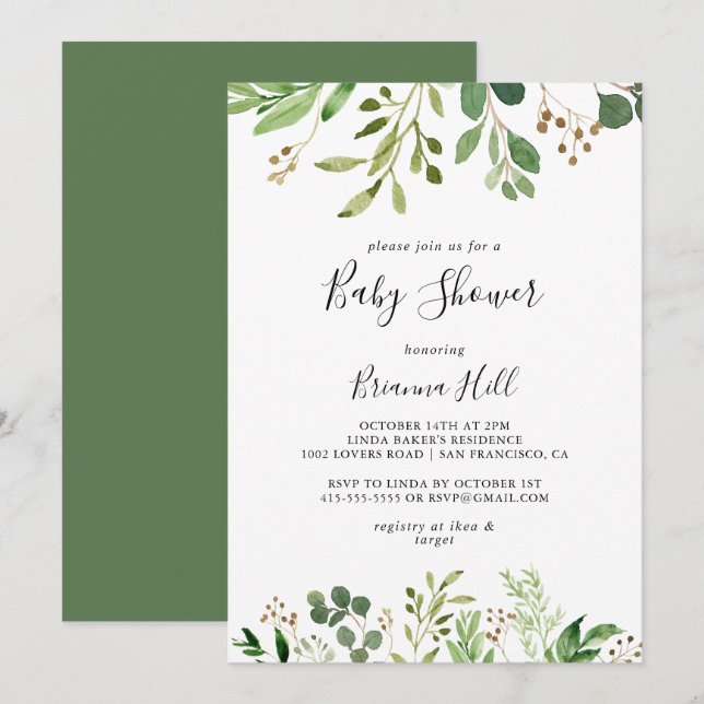 Eucalyptus Simple Brown Floral Baby Shower Invitation (Front/Back)