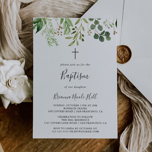 Eucalyptus Simple Brown Floral Baptism Invitation (Creator Uploaded)