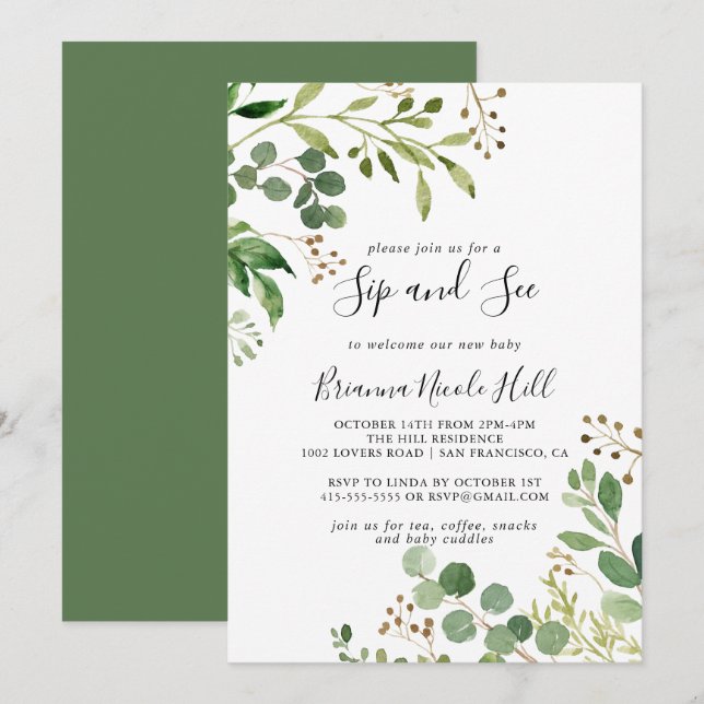 Eucalyptus Simple Brown Floral Sip and See Invitation (Front/Back)
