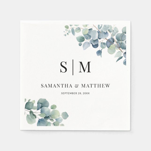 Eucalyptus Simple Elegant Couple Initials Wedding Napkin (Front)