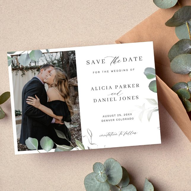 Eucalyptus simple elegant minimalist photo wedding save the date (Creator Uploaded)