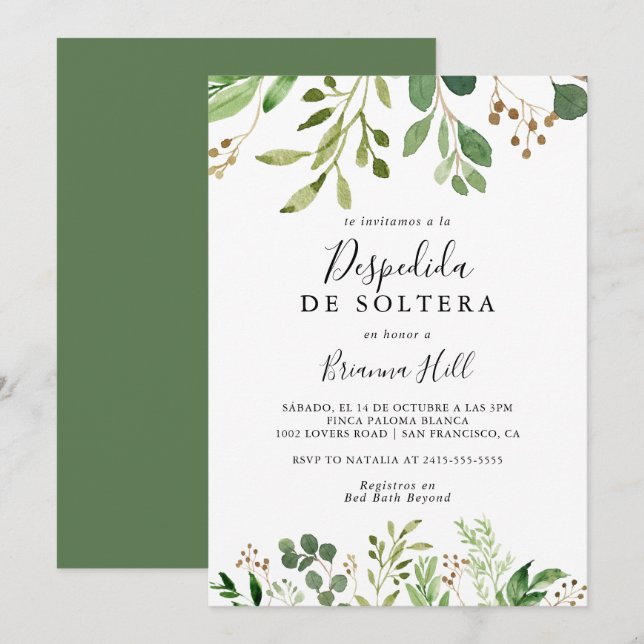 Eucalyptus Simple Floral Spanish Bridal Shower Invitation (Front/Back)