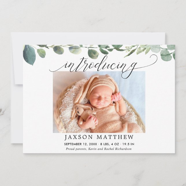 Eucalyptus simple modern baby birth announcement (Front)