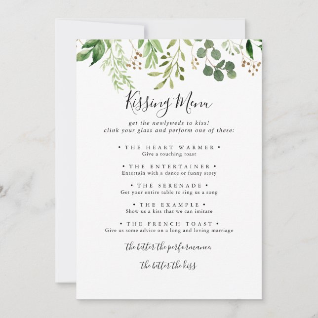 Eucalyptus Simple Wedding Kissing Menu Game Card (Front)