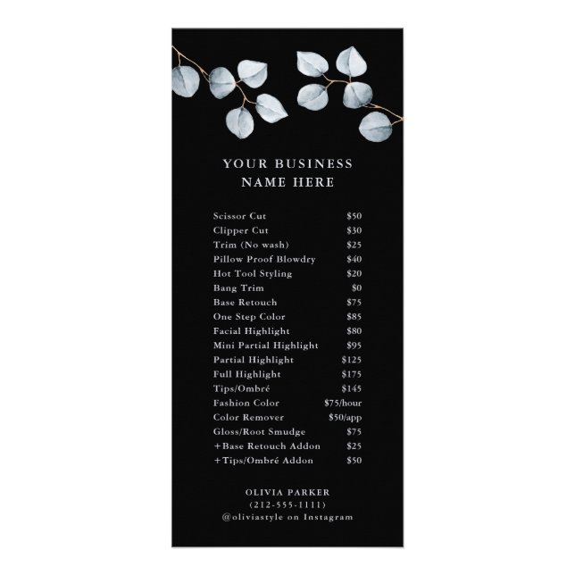 Eucalyptus Simplicity | Black Price List Service Rack Card (Front)
